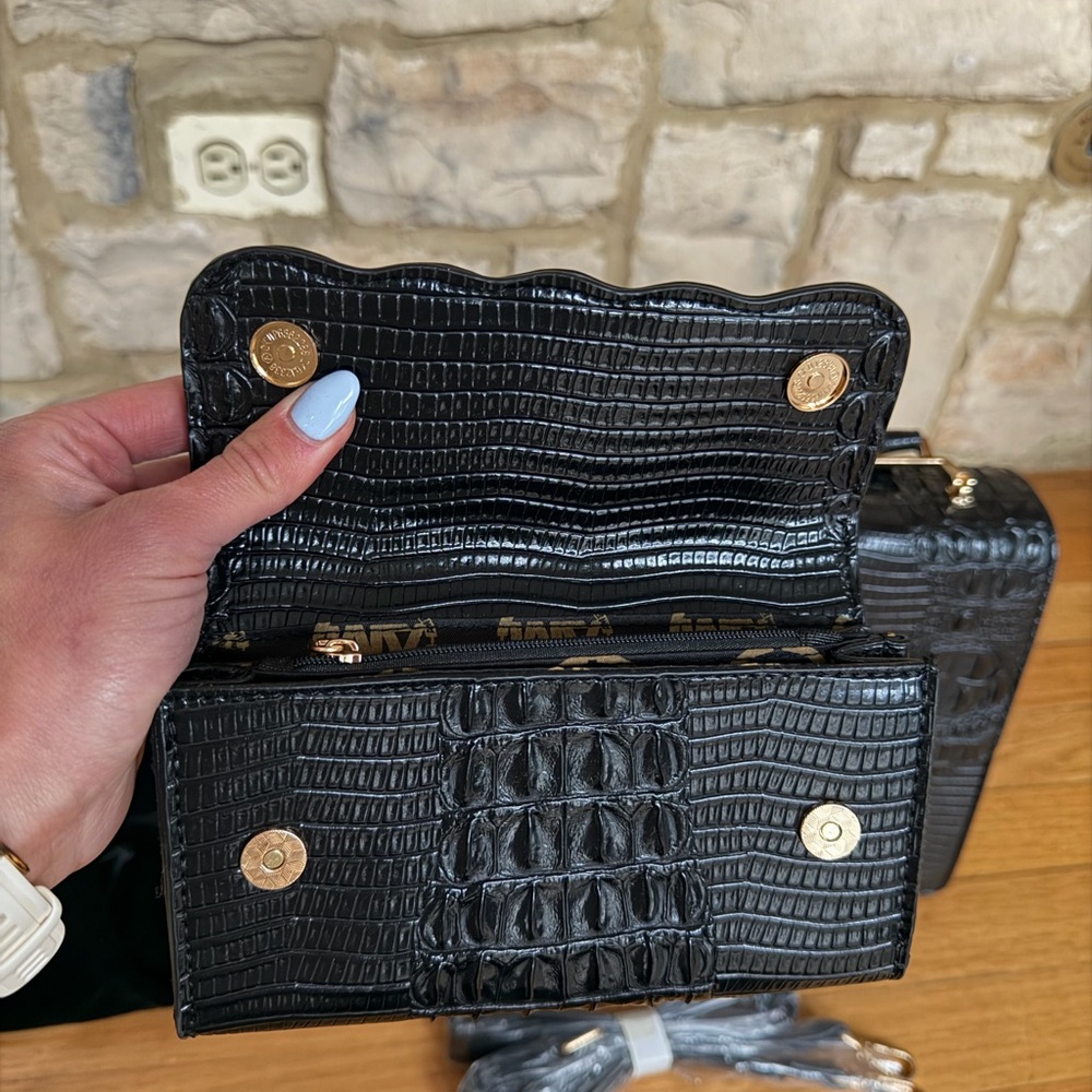Black Croc-Embossed Structured Top-Handle Bag with Wallet - Picture 8 of 13